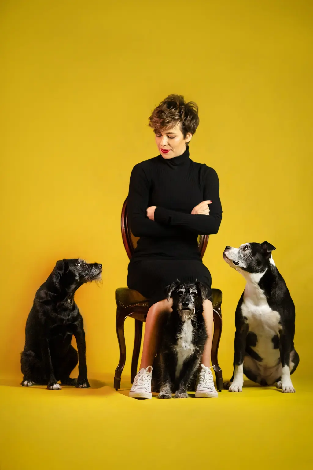 Agnieszka training with three attentive dogs