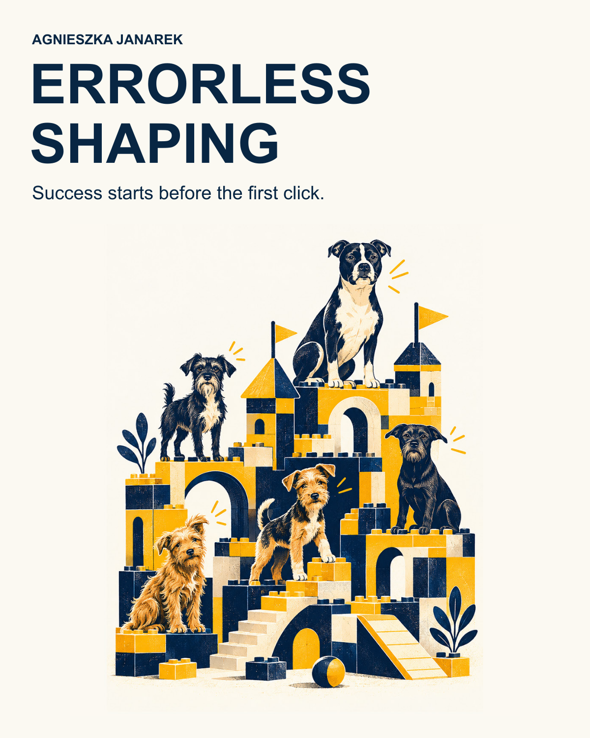 Errorless Shaping by Agnieszka Janarek, featuring the original five dogs on yellow and navy building blocks
